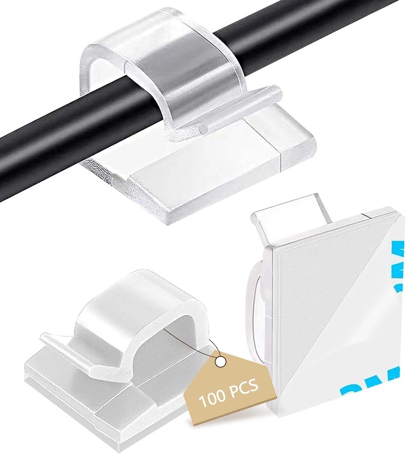 Abnii 100PCS Cable Clips, Adhesive Wire Clips Organizer Cord Clips Management, Cable Staples Outdoor Strong for Wall, Desk, Christmas Lights, String Lights, TV PC Ethernet Cable, Clear Large - Image 1